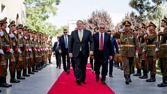 Image: U.S. Secretary of State Mike Pompeo is greeted by Chief of Staff Abd