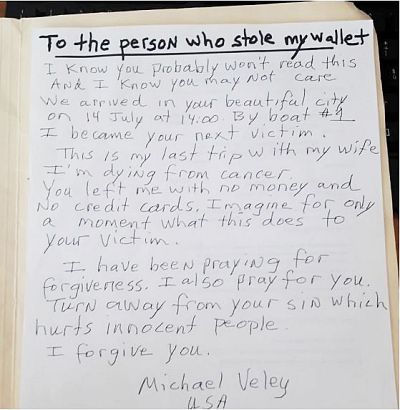 Mike Veley was on vacation in Venice, Italy, when he was pick pocketed, so he decided to put an ad in a local newspaper in the hopes of his wallet being returned.