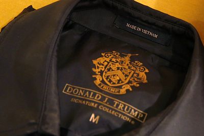 A "Made in Vietnam" label is attached to a Trump-branded article of clothing in 2016.
