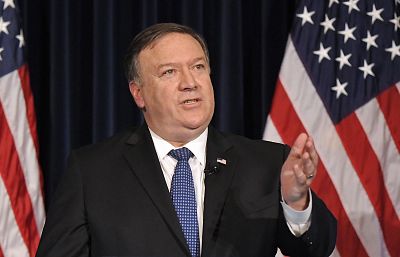 Secretary of State Mike Pompeo speaks at the Ronald Reagan Presidential Library in Simi Valley, California, on Sunday.