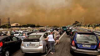 Image: Cars are blocked at the closed National Road during a wildfire in Ki