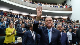 Image: Turkish President Erdogan greets parliamentarians from his ruling AK