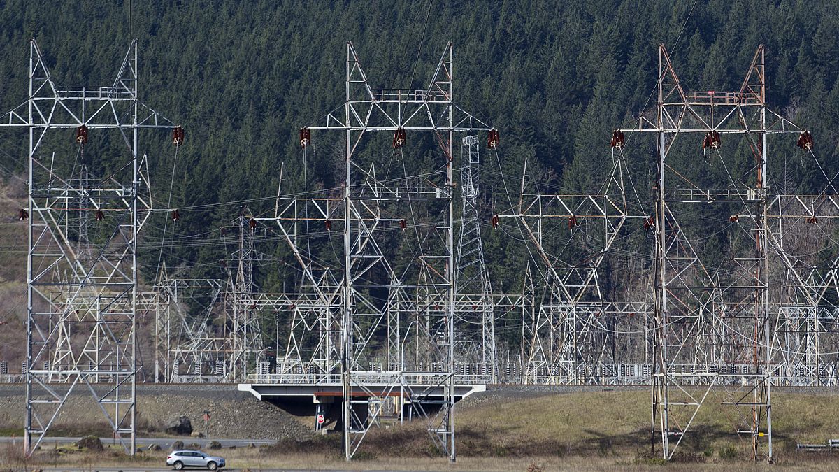 Power lines carrying electricity from the Bonneville Dam