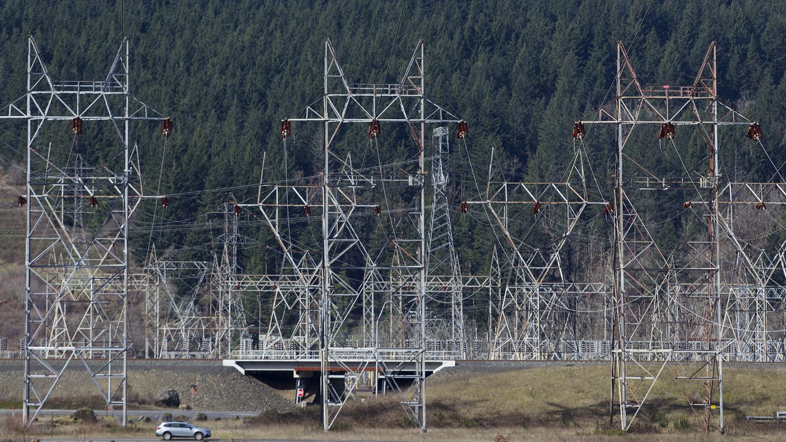 Power lines carrying electricity from the Bonneville Dam