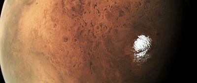 Mars\' south polar ice cap in an image captured the European Space Agency\'s Mars Express spacecraft. Italian researchers believe a reservoir lies below ice about a mile thick in an area close to the planet\'s south pole.