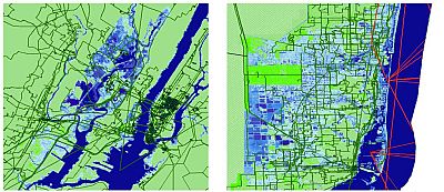 Overlap of internet infrastructure and seawater in New York, left, and Miami with average sea level rise of 6 feet.