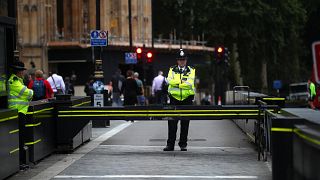 Image: Police officers stand at the vehicle barrier to the Houses of Parlia