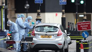 Image: Police forensics officers work around a silver Ford Fiesta car that