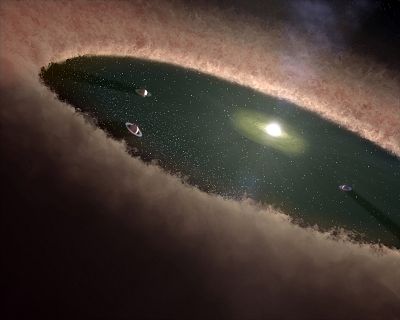 In this illustration, a planet is forming within the gap of the protoplanetary disk.