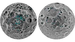 The distribution of surface ice at the Moon's south pole (left) and north p