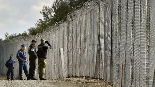 Image: Police officers and border guards patrol a fence at the Hungarian-Se