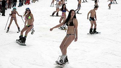 Skiing in swimming suits