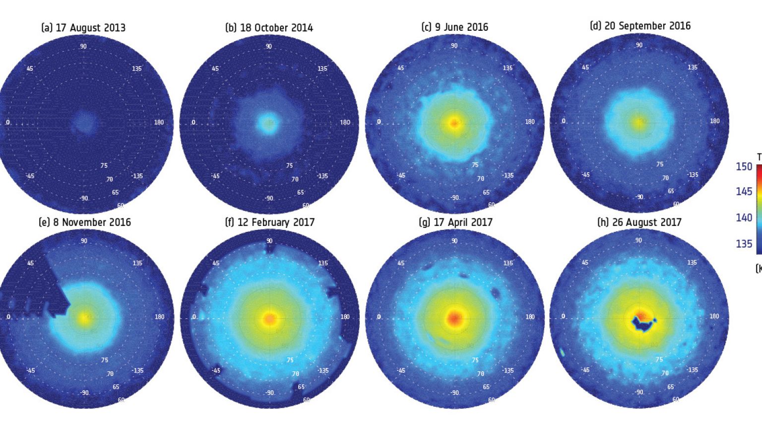 Saturn's northern pole as it appeared between the years of 2013 and 2017, a