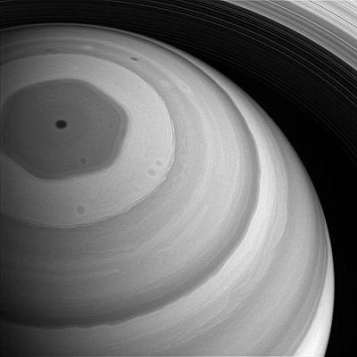 A Cassini view of the hexagon in grayscale, captured in late 2016.