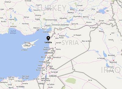 A map showing the location of Latakia, Syria.