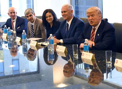 From left, Amazon\'s chief Jeff Bezos, Larry Page of Alphabet,  Facebook COO Sheryl Sandberg , Vice President elect Mike Pence and President-elect  Donald Trump at Trump Tower in New York on December 14, 2016.