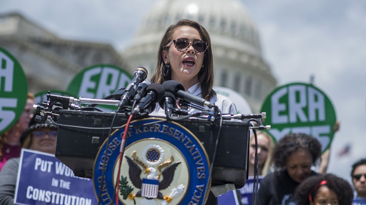 Actress Alyssa Milano speaks during a news conference at the House Triangle