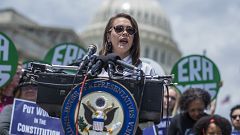 Actress Alyssa Milano speaks during a news conference at the House Triangle