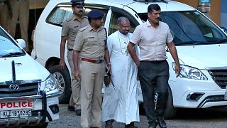 Image: Bishop Franco Mulakkal is pictured outside a crime branch office on 