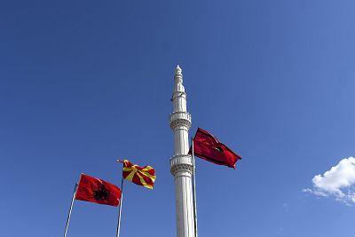 Albanian flags fly in the Macedonian village of Arachinovo, where the majority of the population is Albanian.