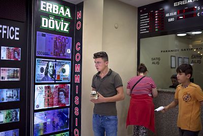 Dollar exchange rates on display near Istanbul\'s Grand Bazaar.