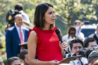 Cecilia Vega of ABC News asks President Donald J. Trump a question after he delivered remarks on the United States Mexico Canada Agreement (USMCA) in the Rose Garden of the White House in Washington on Oct. 1, 2018.