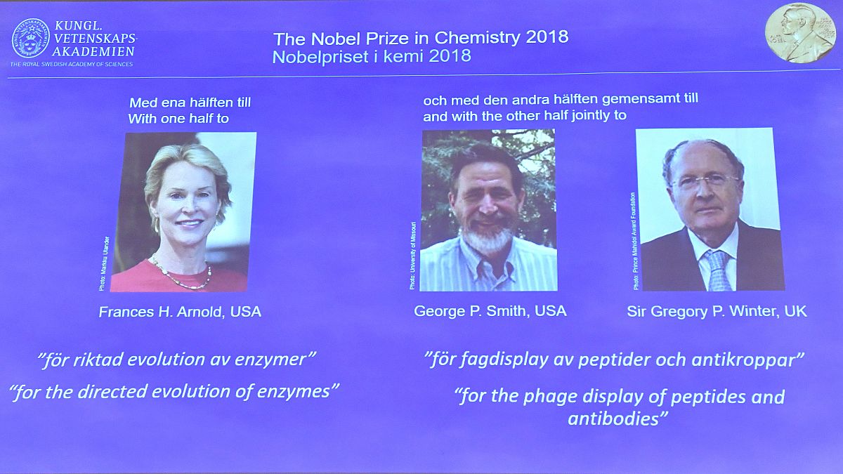 Image: The 2018 Nobel Prize laureates for Chemistry are shown on the screen