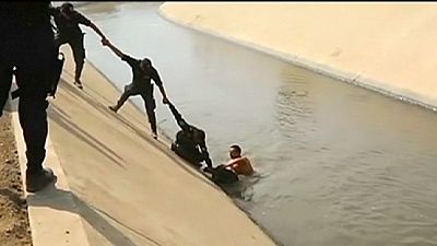 Polícia peruana salva cão preso na água com cordão humano