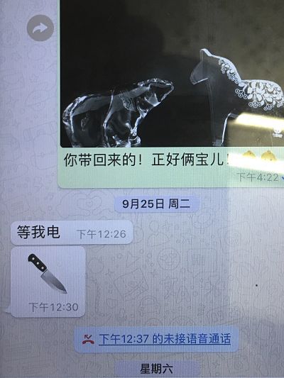 The last message sent by missing Interpol President, Meng Hongwei, to his wife, Grace Meng. Mrs. Meng showed reporters the message, on her mobile phone, during a press conference in Lyon, central France on Oct. 7, 2018, where Interpol is based. The message from Meng at 12:26 on Sept. 26 says "wait for my call." Four minutes later, he sent the photo of the knife. Earlier that day she had sent him a photo of two animal figurines, one of a bear and another of a horse, meant to represent their two children; one of them loves horses, she said, and the other "looks like the bear."