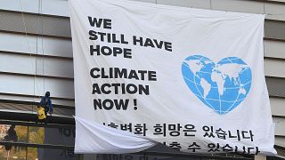 Image: Greenpeace activists display a big banner reading "We still have hop