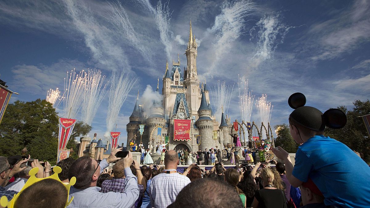 A crowd watches fireworks at Cinderella's castle in Walt Disney World in 20