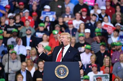 President Donald Trump speaks during a rally at the Mid-America Center in Council Bluffs, Iowa on October 9, 2018.