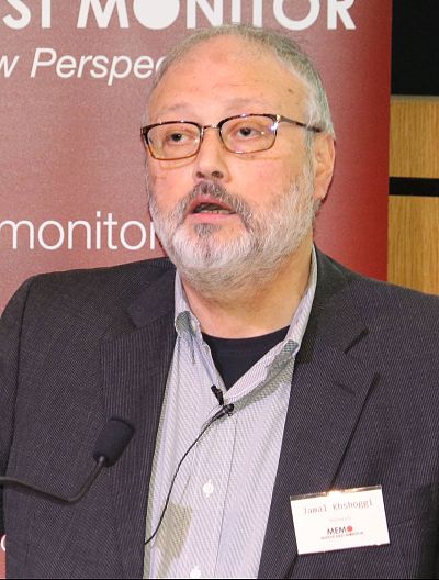 Jamal Khashoggi speaks at an event in London on Sept. 29.
