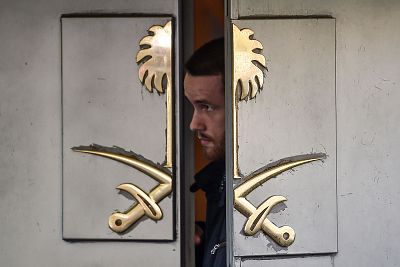 A security guard looks out of the entrance of the Saudi Consulate in Istanbul on Oct. 12.