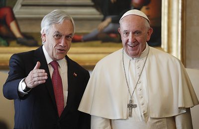 Chile\'s President Sebastian Pinera meets Pope Francis during a private audience at the Vatican on Oct. 13, 2018.
