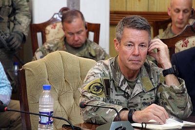 Gen. Austin Scott Miller, the US commander of Nato\'s Resolute Support Mission in the country, attends a meeting in which a Taliban militants opened fire and killed General Abdul Razzaq Dawood  in Kandahar, Afghanistan, Oct. 18, 2018.