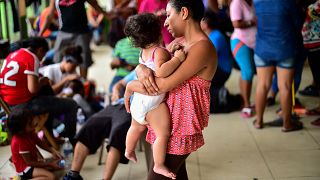 Image: Honduran migrants heading in a caravan to the U.S. rest at a tempora
