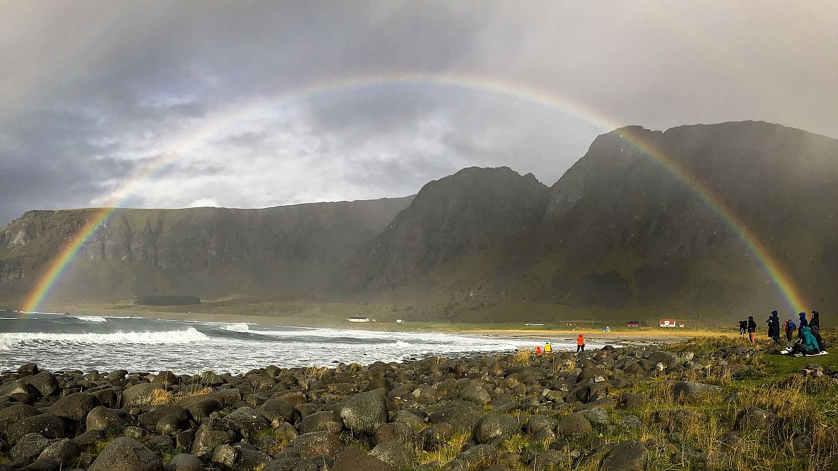 Image: Wintry rain brings a splash of color to the beach in the Lofoten isl