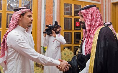 Saudi Crown Prince Mohammed bin Salman meets with Jamal Khashoggi\'s sons Salah and Sahel in Riyadh on Tuesday. 