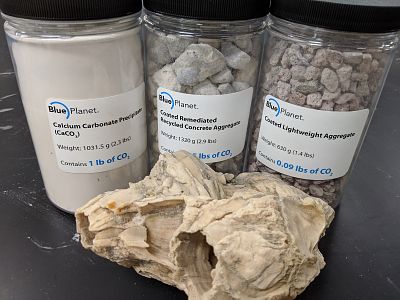 Blue Planet Ltd. of California makes various forms of rock and sand by combining carbon dioxide pollution with calcium. The process prevents the greenhouse gas from polluting the atmosphere.