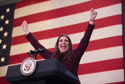 Candidate for the U.S. House of Representatives Lena Epstein gestures as she gives a speech at a rally featuring GOP political candidates and Vice President Mike Pence at the Oakland County airport, in Waterford on October 29, 2018.