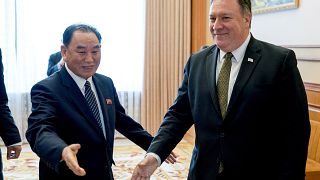 Image: Secretary of State Pompeo and Kim Yong Chol arrive for a lunch at th