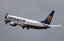 A Ryanair plane departs from Stansted Airport