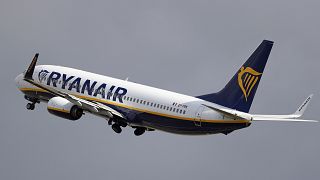 A Ryanair plane departs from Stansted Airport