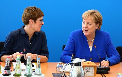 German Chancellor Angela Merkel meets with Annegret Kramp-Karrenbauer in Berlin on July 2.