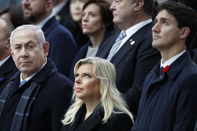 Prime Minister Benjamin Netanyahu, left, and his wife Sara, with Canadian Prime Minister Justin Trudeau, right, in Paris on Sunday.