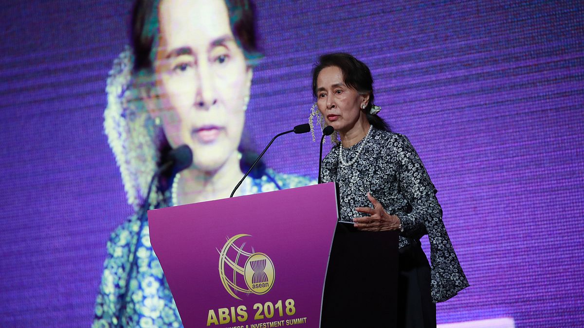 Myanmar's State Counsellor Aung San Suu Kyi delivers her keynote speech at 