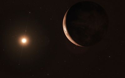 An artist\'s impression of the newfound "super-Earth" world and its host star, the red dwarf Barnard\'s star.