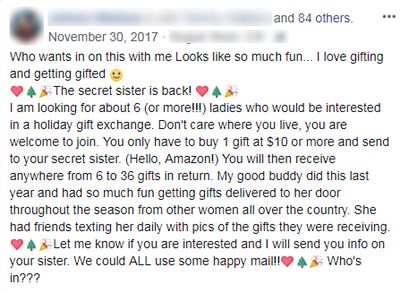 An example of the "secret sister" posts going around Facebook