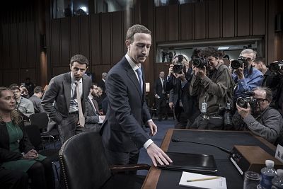 Facebook founder Mark Zuckerberg appears before a Senate hearing about privacy and election meddling on Capitol Hill on April 11, 2018.